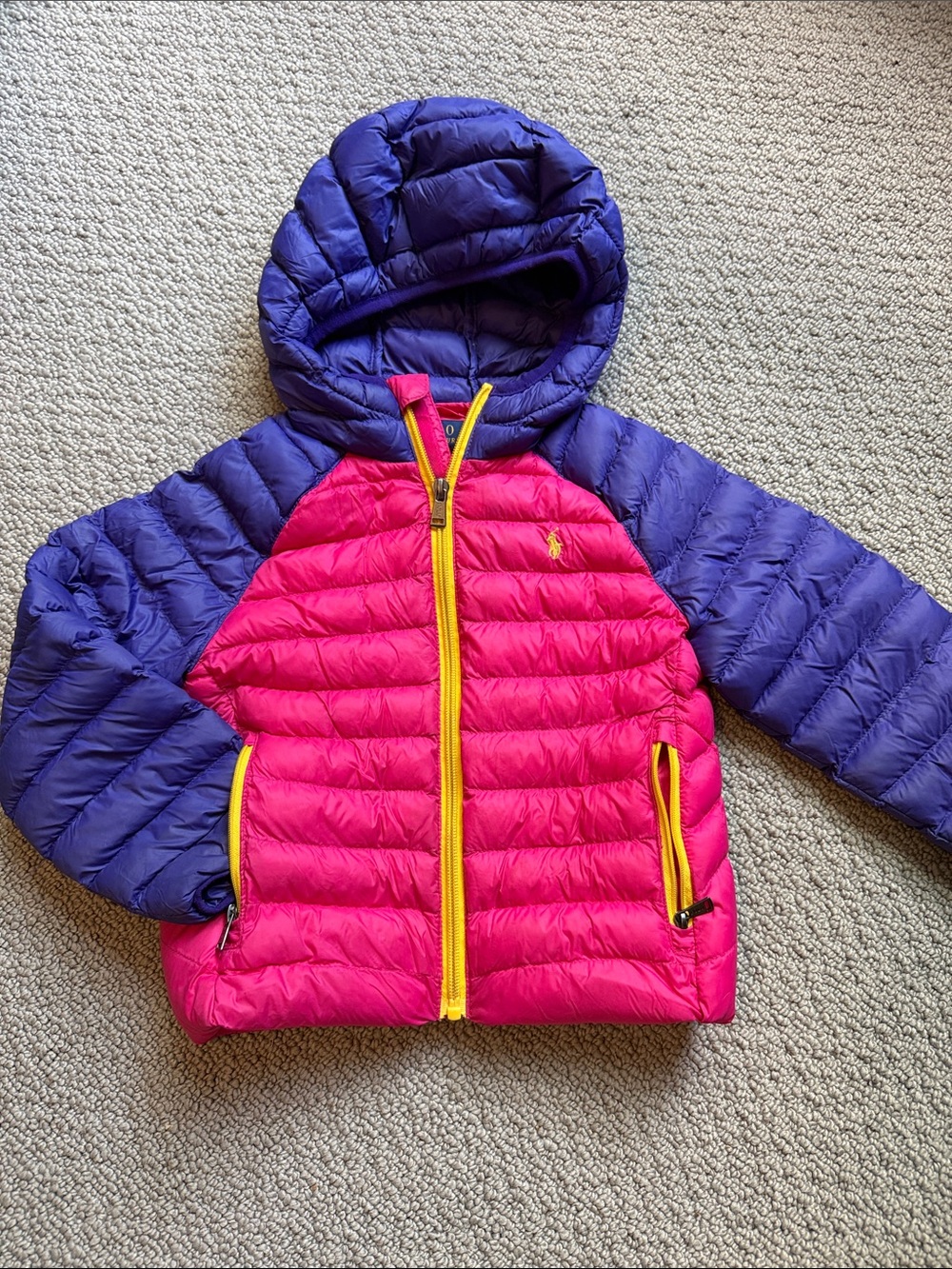 Ralph Lauren Kids Hooded Puffer Jacket in Hot Pink & Purple with Yellow Trim